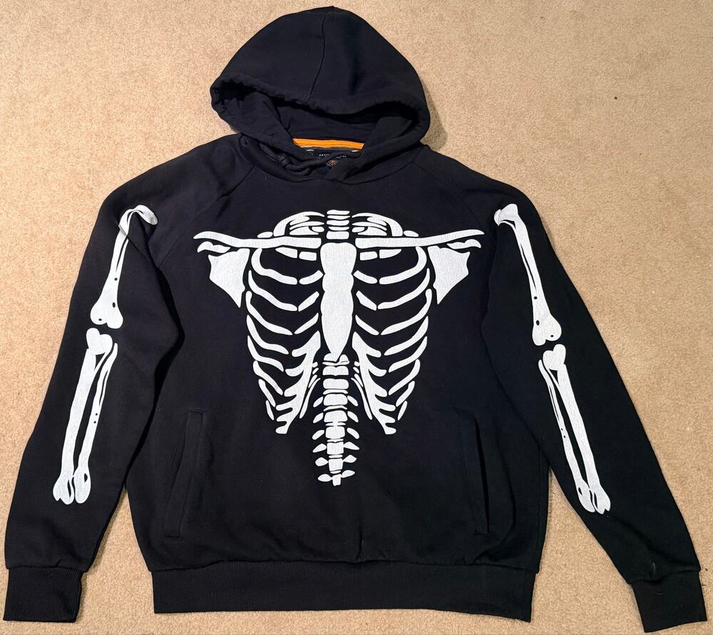 Denim & Flower Ricky Singh Mens Medium Blk Skeleton Bone Print Hoodie